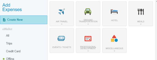 Screen shot of "Add Expenses" tab selected and visible on screen. Underneath "Add Expenses" it states; "Create New" selected with the following options as titles with corresponding graphics for each: "Air Travel, Ground Transportation, Hotel, Meals, Events/Tickets, Professional Development, and Miscellanous." On left hand column underneath Titles, "Add Expenses and Create New" is another section titled, "eWallet" with the following options; "All, Trips, and Credit Card. Underneath these titles is an green icon with "Offline" next to it.